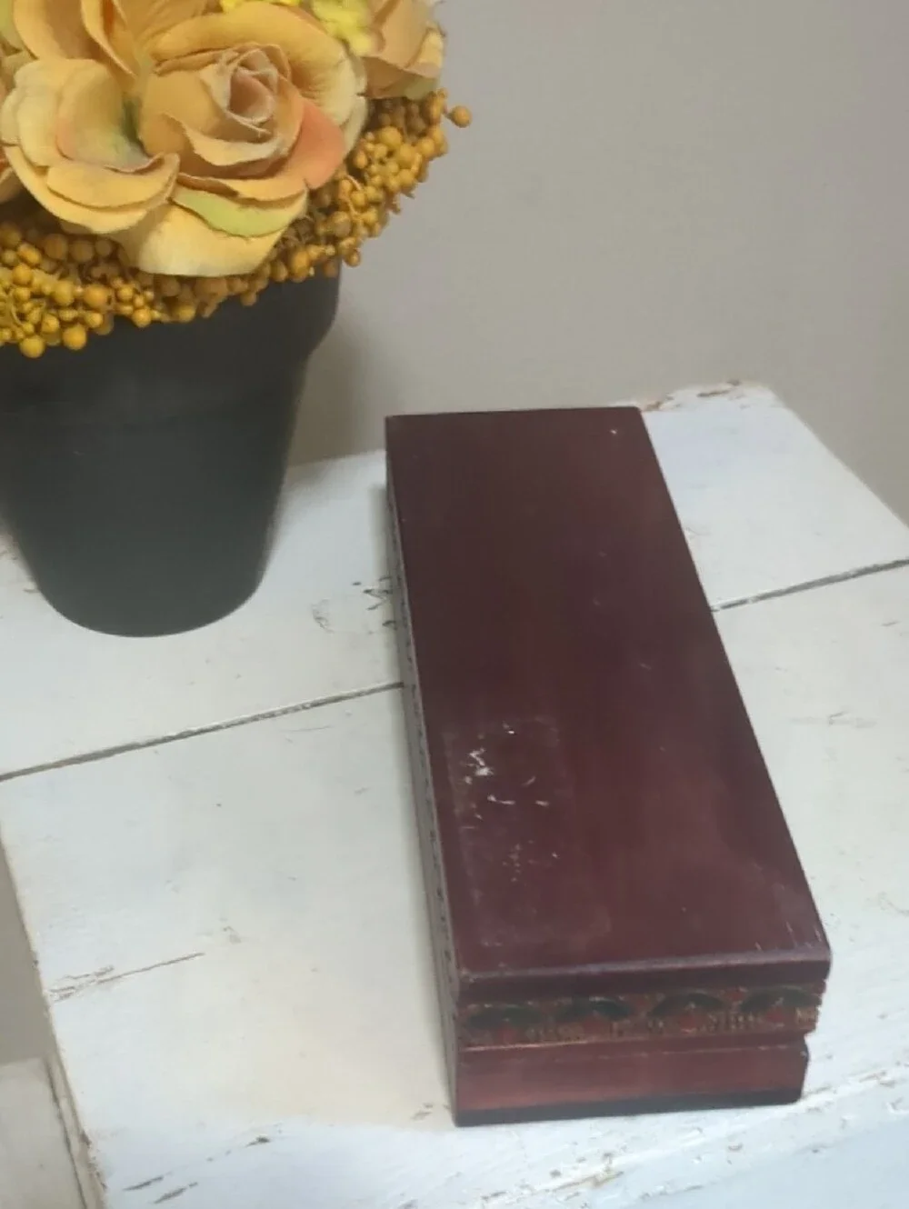 Pyrography Vintage Hand-Painted Floral Wooden Box